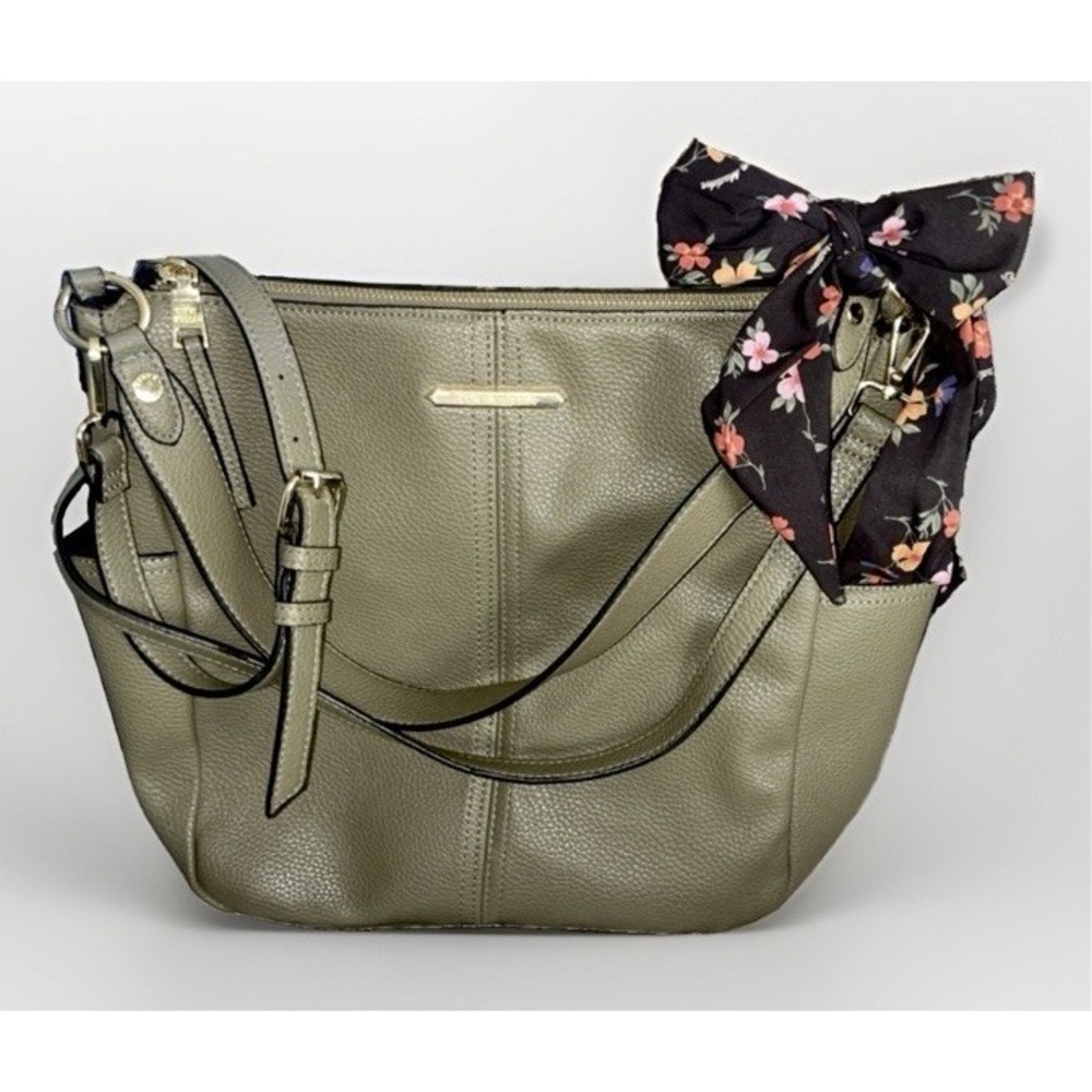 Steve Madden Olive Green Hobo Shoulder Bag Crossbody Floral Scarf Large Pebbled